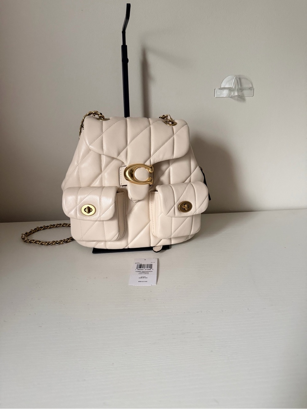 Coach Tabby Quilted Cream Shoulder Backpack with Gold Hardware